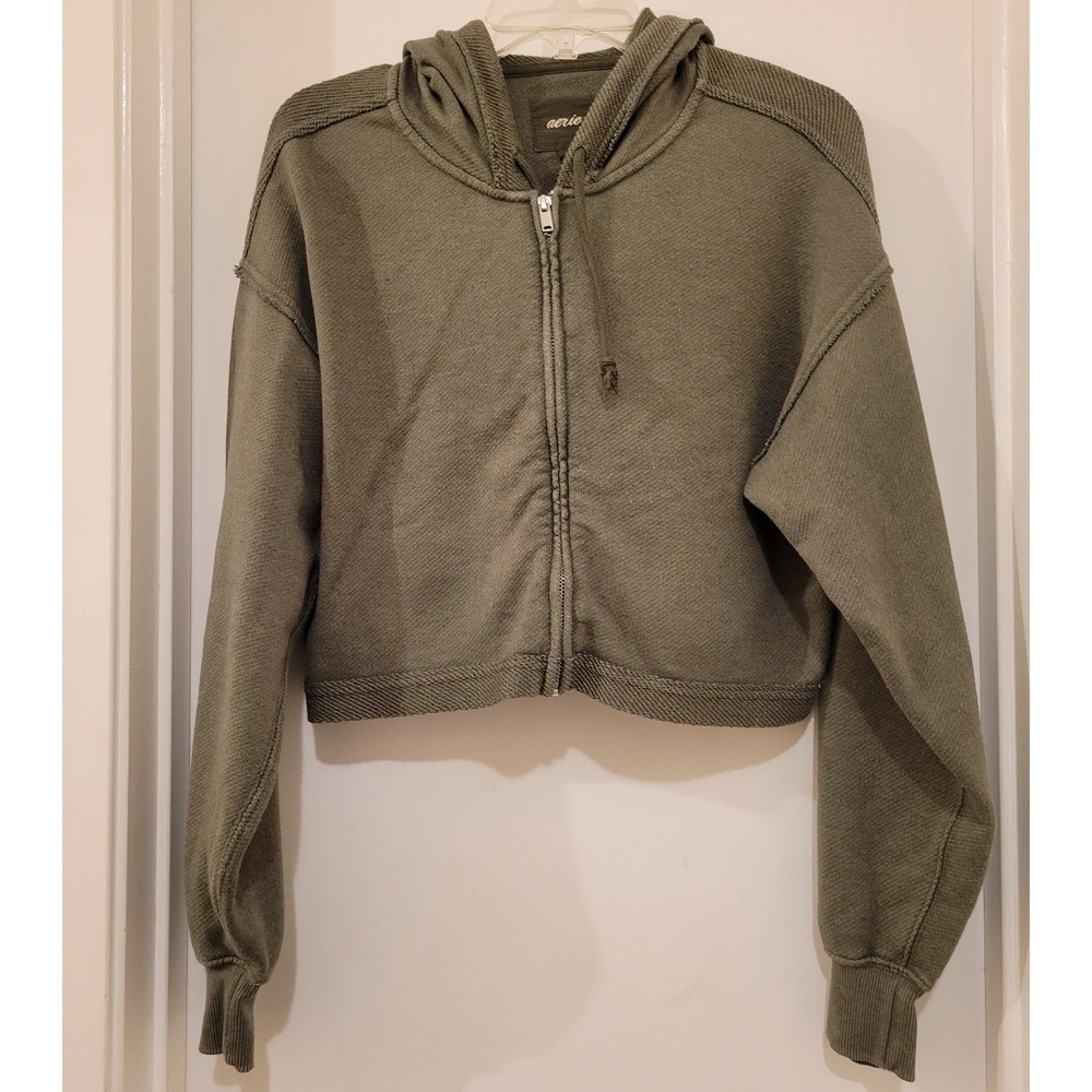 Aerie Womens S Olive Green Cropped Full Zip Hoodie Streetwear Sweatshirt Grunge